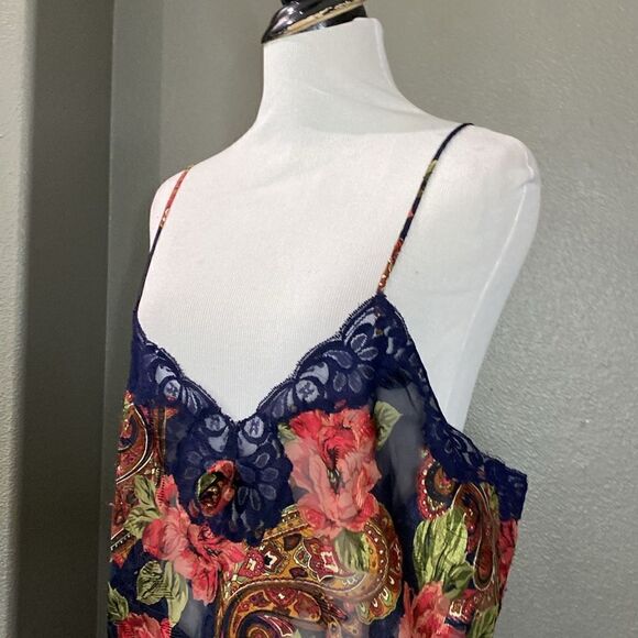 Vintage Gold Label Victorias Secret Floral Mini Nightie Blue Lace Rosette - Picture 2 of 12